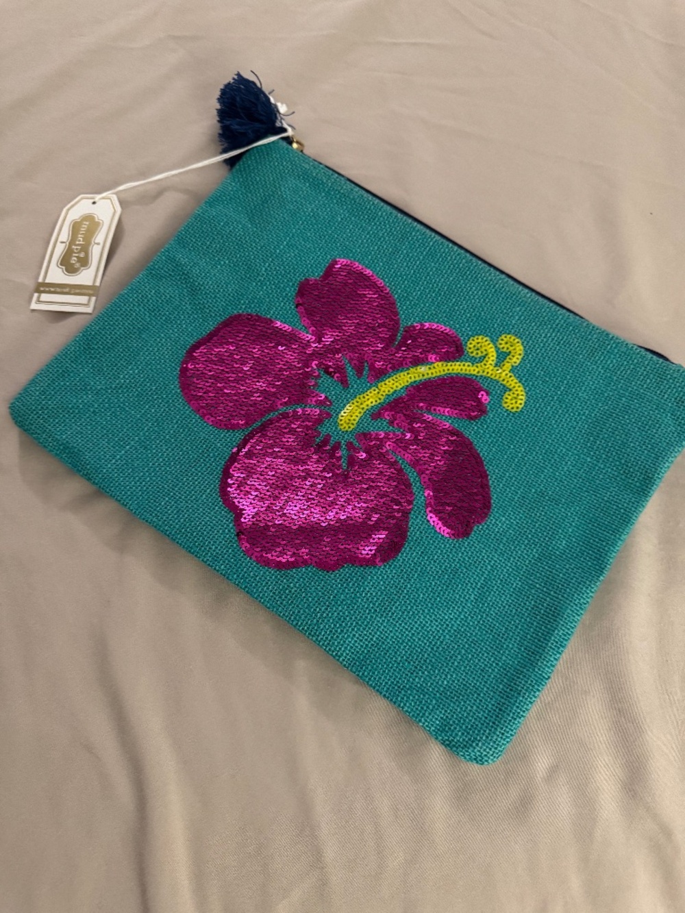 NWT Mud Pie Teal Sequin Hawaiian Hibiscus Pink Flower Makeup Bag Pouch